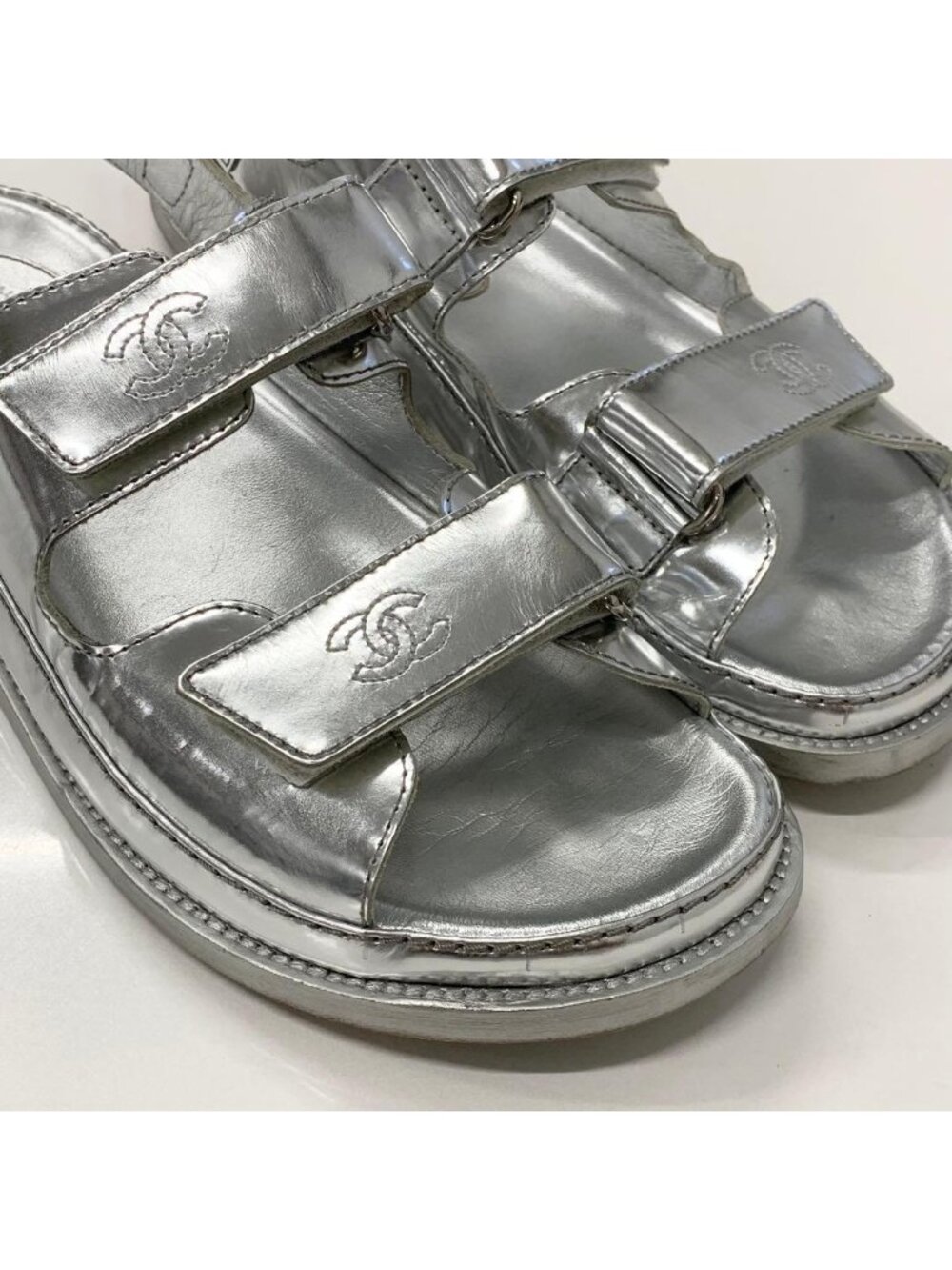 Chanel Leather CC Logo Velcro Sandals Silver - Picture 9 of 10